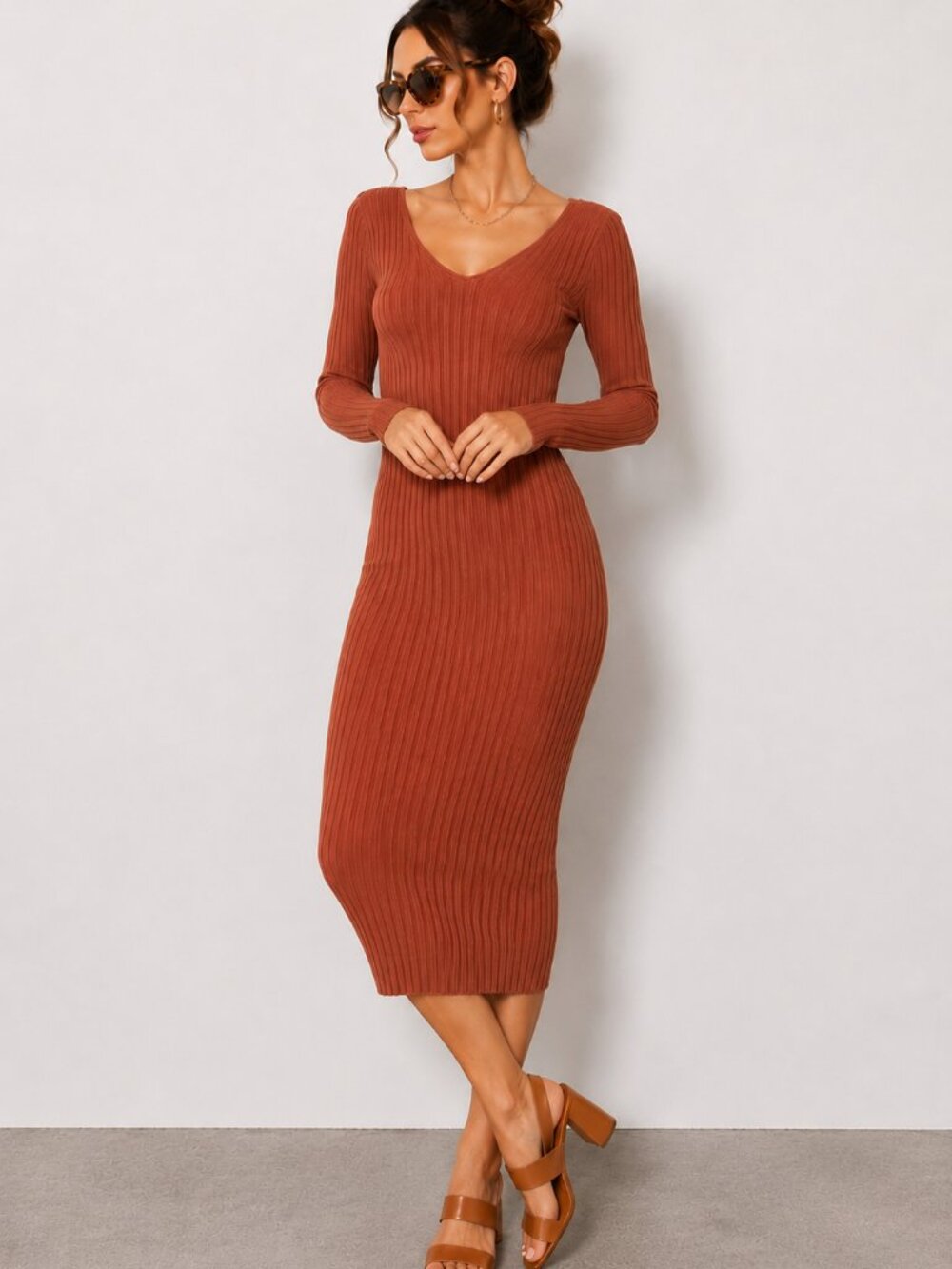 Rust Ribbed Knit Midi Sweater Dress V Neck Bodycon NWT